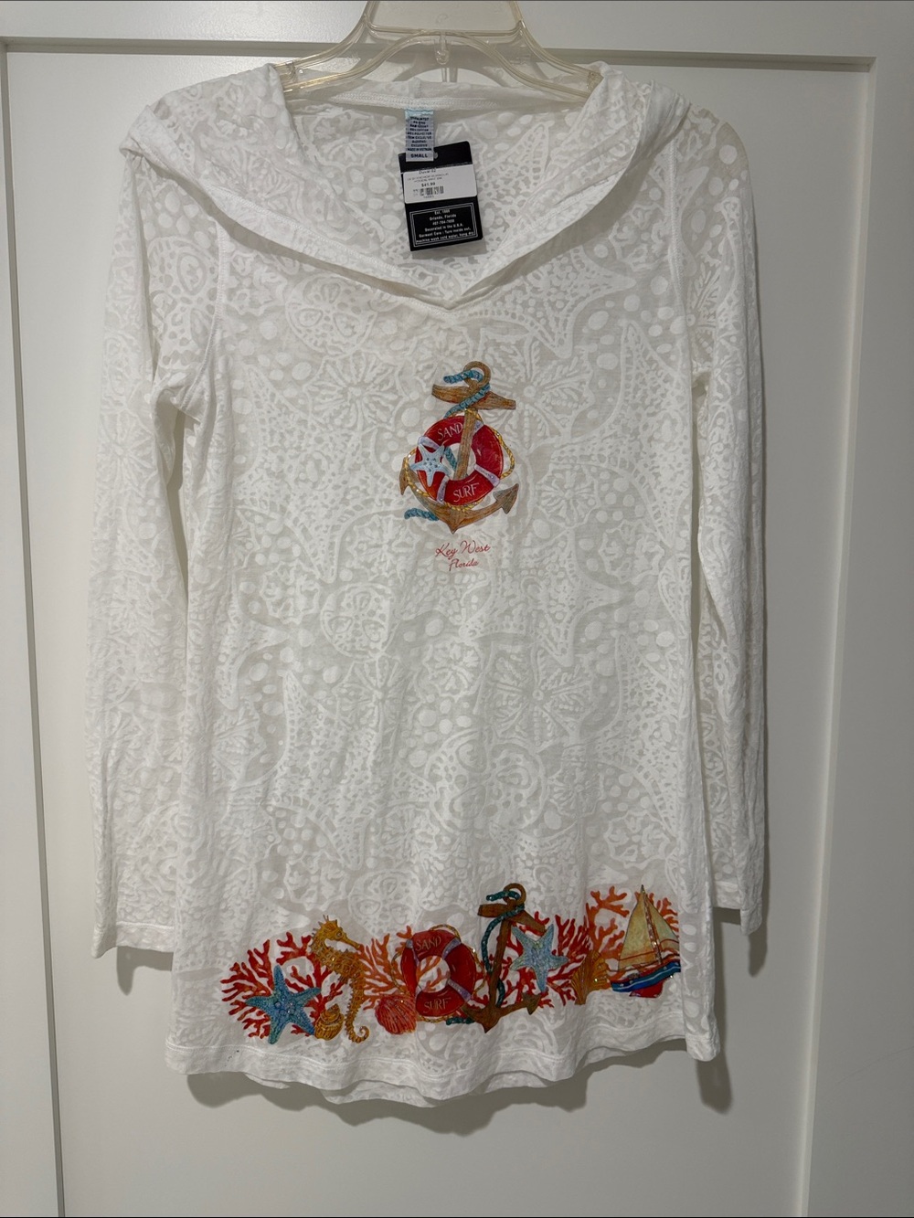 NWT Designs Unlimited White Hooded Tunic with Nautical Embroidery Size Small